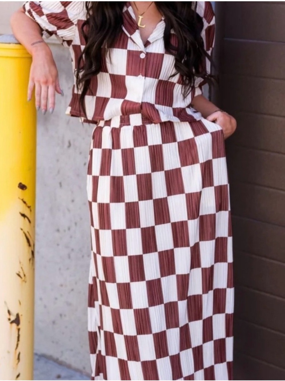 Dressed in lala, checkered plisse skirt set in mocha latte, large